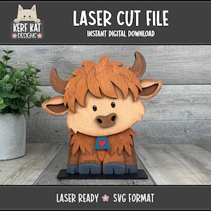 Sweet Highland Cow Shelf Sitter, Laser Ready Cut File, SVG, Instant Digital Download, GlowForge, XTool, Standing Shelf Decor, Fuzzy Cow, 3mm