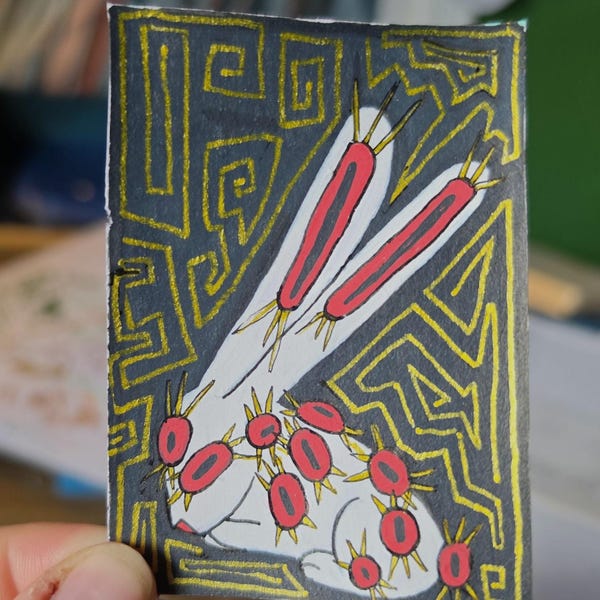 ACEO ATC Oryginalny abstrakcyjny surrealistyczny metaliczny Eldritch Rabbit „Oczy z tyłu mojego wszystkiego” autorstwa Forest