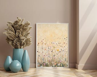 Wildflower Meadow Poster | Minimalist Floral Wall Art | Botanical Art Print Beige | Cottagecore Wall Decor | Floral Nature Art