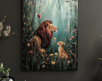 Cuadro de familia de leones | Póster de león con cachorro | Póster vintage de animales de safari | Decoración de pared de naturaleza para la habitación infantil | Lámina artística de león