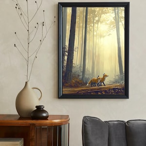 Volpi nella foresta nebbiosa mattutina, immagine di animali, poster di volpe, foresta, immagine della natura, poster da parete, arte digitale, arte murale stampabile