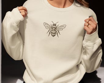 Vintage Botanical Bee Sweatshirt Hand Drawn Line Art Nature Crewneck