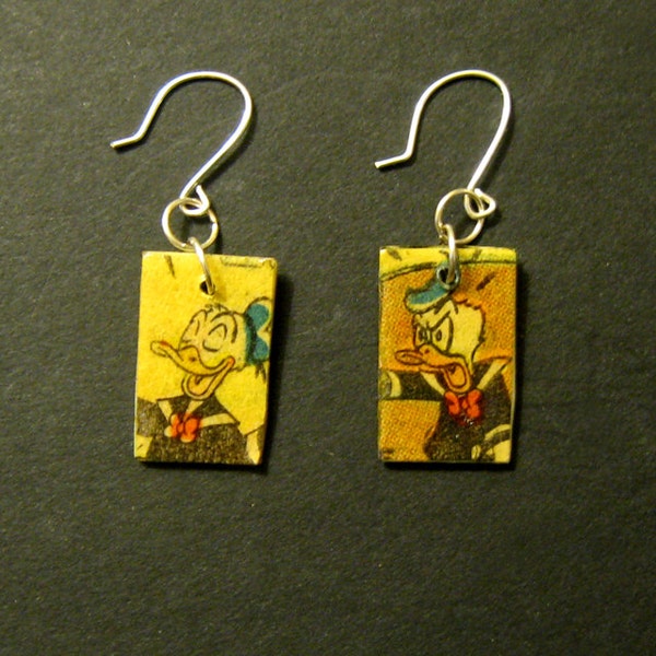 Recycled Disney  Donald Duck Comic Book Earrings one of a kind