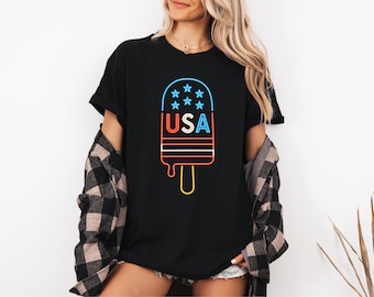 USA Popsicle Shirt Neon 4th of July T-Shirt Patriotic Summer Graphic Tee Red White and Blue Ice Cream Shirt for Independence Day