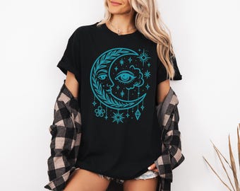 Koszulka Celestial Moon w stylu boho, duchowe oko, mistyczna koszulka astrologiczna, księżycowe gwiazdy, płótno Bella, estetyczna czarownica, faza księżyca, prezent