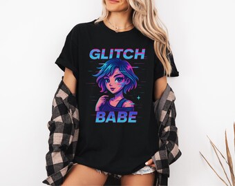 May include: Black t-shirt featuring a colorful graphic of an anime-style woman with blue and purple hair. The text "GLITCH BABE" is above and below the illustration. The shirt is worn with a plaid jacket.