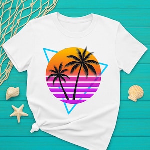 Retro Sunset palm tree beach t-shirt summer vacation tee neon coastal top for ocean lovers beachcore bright color shirt