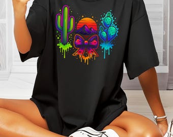 Camisa neón del desierto para mujer, camiseta gráfica con cactus y atardecer estilo western, camisa vaquera con lazo estilo suroeste, camiseta colorida estilo western, regalo para amantes del desierto