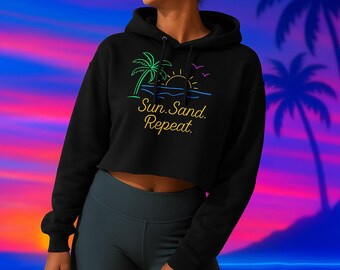 Womens beach crop hoodie sun sand repeat beachwear for girls beach clothes for women ocean lovers vacation top
