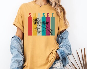 Sunset Beach Comfort Colors 1717 T-Shirt – Retro Palm Tree and Ocean Stripe Graphic Tee for Summer Vacation and Coastal Vibes