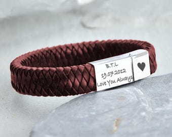 Bracciale in pelle da uomo personalizzato inciso - Gioiello in acciaio inossidabile regalo - Argento marrone - Papà fidanzato per lui con scatola regalo
