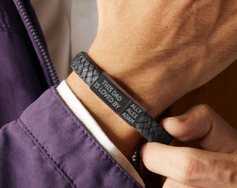 Braccialetto da uomo personalizzato inciso in pelle, acciaio inossidabile, regalo di Natale per la festa del papà, nero, marrone, argento, papà, papà, padre, fidanzato, nonno