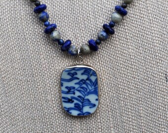 Chinoiserie Pottery Shard Indigo Blue White Necklace