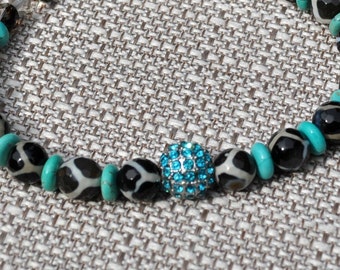 Tibetan Dzi Brown Turquoise Rhinestone Pave Bracelet