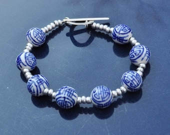 Chinoiserie Blue White Vintage Porcelain Bracelet