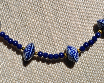 Blue and White Ceramic Chinoiserie Bead Necklace