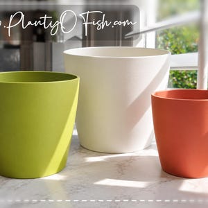 May include: Three cylindrical plant pots in lime green, white, and terracotta orange. The pots have a smooth, matte finish and a tapered shape. The text www.PlantyOFish.com is visible in the upper left corner of the image.