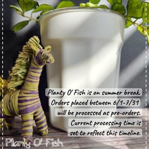 May include: A handcrafted zebra figurine made of yellow and purple woven material stands next to a white ceramic pot. The image includes text that reads "Planty O' Fish is on summer break."