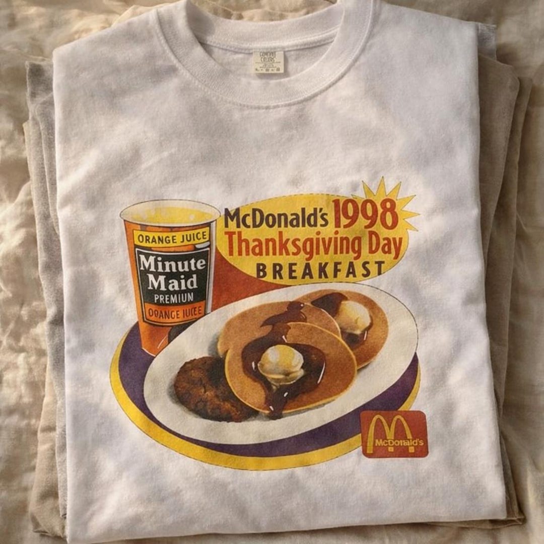 T-shirt Vintage Promo McDonald's Thanksgiving Breakfast 1998 - Multicolore, Coton, Neuf Avec étiquettes