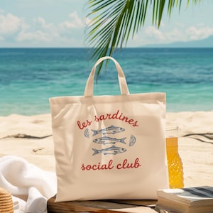Les Sardines Social Club トートバッグ、環境に優しい食料品バッグ、ギフトバッグ、ビーチ対応キャンバス、イワシ入りヴィンテージキャンバスバッグ、フィッシャーマンバッグ