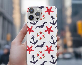 May include: White phone case with a nautical pattern. The design includes red starfish, navy anchors, seagulls, and life preservers. The case has a glossy finish and is designed for a smartphone.