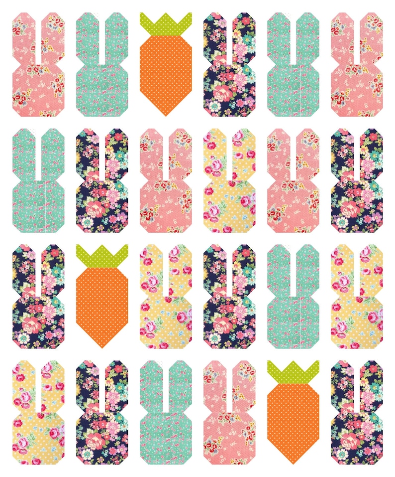 May include: A collection of 16 fabric bunny shapes in various floral and polka dot patterns, with 3 orange carrot shapes with green tops.