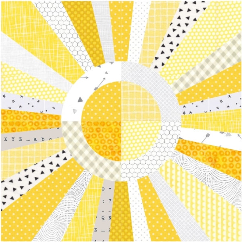 May include: A yellow and gray patchwork quilt with a sunburst design. The center of the quilt features a circle made of different yellow fabrics with a white outline. The quilt is made of various yellow fabrics with different patterns, including polka dots, stripes, and geometric shapes.