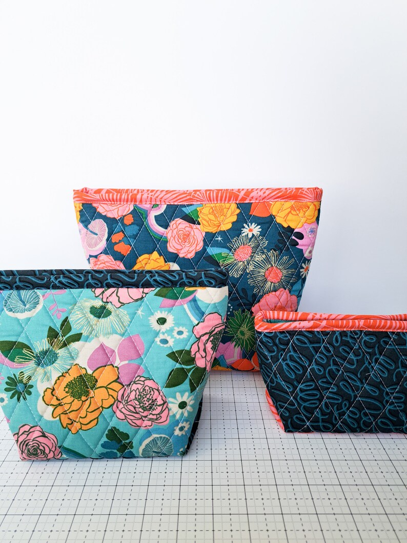 May include: Three quilted fabric zippered pouches in different sizes and patterns. The largest pouch is teal blue with a floral print, the medium pouch is turquoise blue with a floral print, and the smallest pouch is black with a white and pink floral print. All pouches have a coral pink trim.