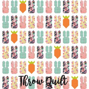 May include: A colorful throw quilt with a pattern of bunnies and carrots. The quilt is made of fabric scraps in various floral prints. The text "Throw Quilt" is printed in black at the bottom of the quilt.