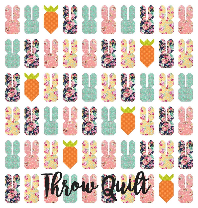 May include: A colorful throw quilt with a pattern of bunnies and carrots. The quilt is made of fabric scraps in various floral prints. The text "Throw Quilt" is printed in black at the bottom of the quilt.