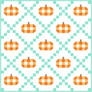 May include: A white background with a pattern of teal blue squares and white dots. There are 16 orange and white checkered pumpkins arranged in a grid pattern.