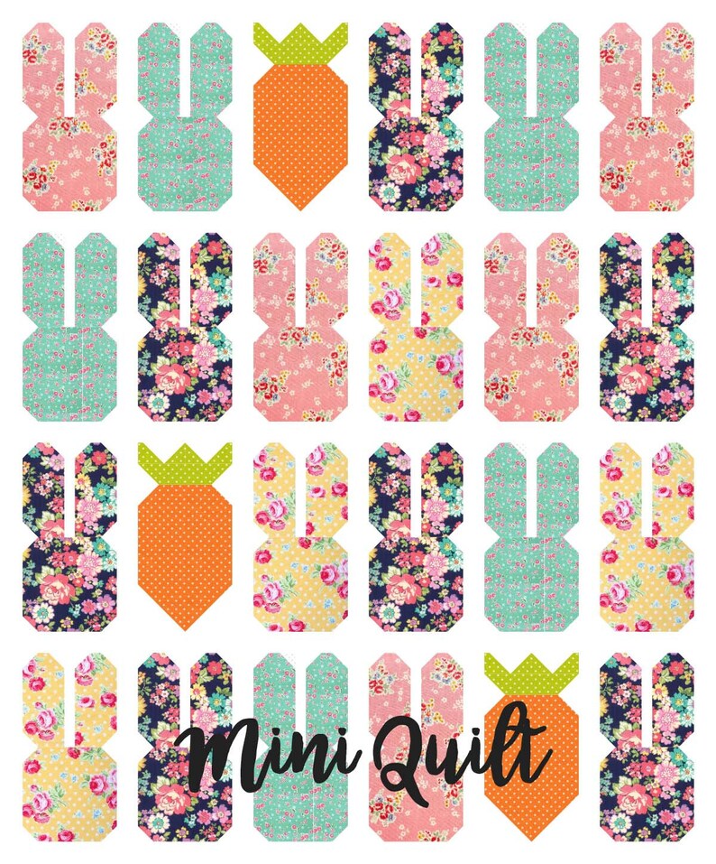 May include: A mini quilt featuring a repeating pattern of bunny rabbits and carrots. The bunnies are made from various floral fabrics in pink, blue, yellow, and black. The carrots are orange with green tops. The quilt is labeled "Mini Quilt".