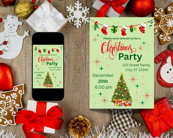 May include: A Christmas party invitation with a light green background, featuring a decorated Christmas tree, text, and festive graphics. The invitation includes the date, time, and address. A smartphone displays the same invitation. The scene is surrounded by Christmas decorations.