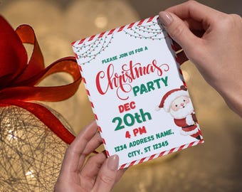 May include: A Christmas party invitation held by a person. The invitation is white with red and green text, including "Christmas Party" and the date, December 20th. A Santa Claus illustration is on the right side, and the invitation has a red and white striped border.