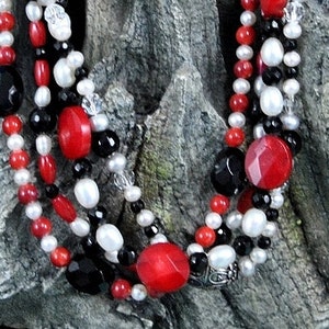 Semi Precious Bead Necklace // Faceted Onyx and Coral, Swarovski Crystals and Freshwater Pearls // Sterling Bali Style Beads & Tube Closure
