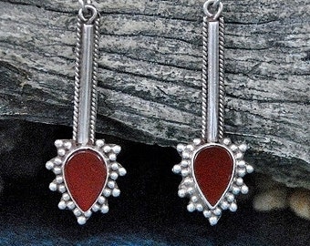 Carnelian Sterling Silver Drop Earrings, Bali Style Granulation