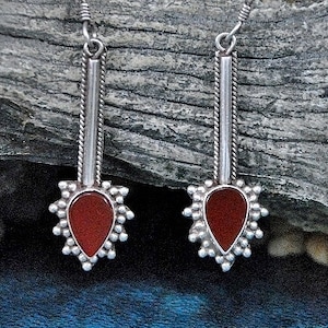 Carnelian Sterling Silver Drop Earrings, Bali Style Granulation