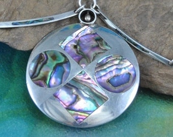 Vintage Abalone Sterling Silver Pendant Necklace, Geometric Inlay