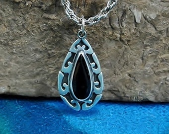 Faceted Onyx Teardrop Pendant, Sculptured Sterling Silver, La Guadalupana