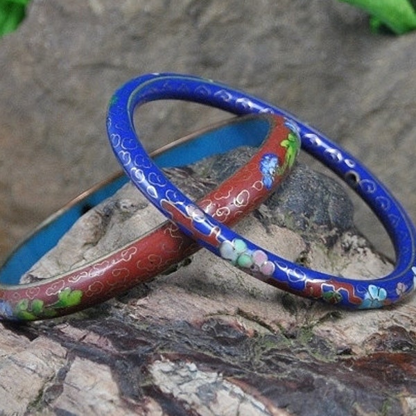 Chinese Cloisonné Bangles // Two Genuine Hand Painted on Copper Kiln Fired Bracelets // Vintage Masterpieces