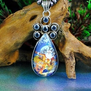 Santa Iolite hanger ketting / / Sterling Chrystal ingekapseld Sled Dog illustratie ~ werk Gemstone instellingen Open / / Vintage ~ Hallmarked 925