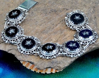 Vintage 1940s Mexican Onyx Sterling Silver Filigree Bracelet