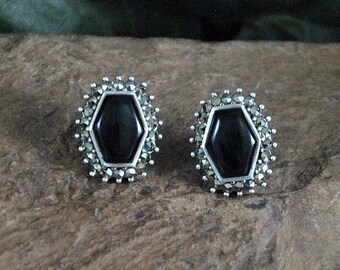 Vintage Onyx Marcasite Sterling Silver Earrings, Hexagon Domed Gemstones