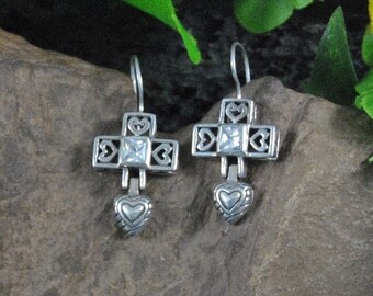 Vintage Sterling Silver Cross Earrings, Zircon Heart Dangle