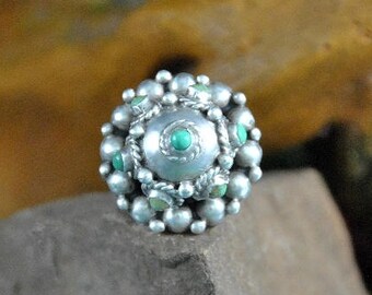 Handmade Domed Turquoise Ring, Size 8, Tribal Sterling Silver