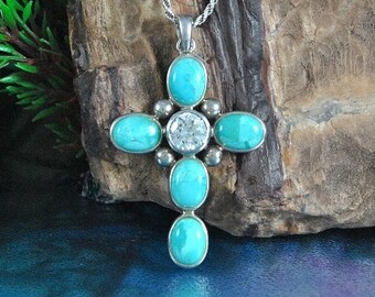 Barse Turquoise Cross Pendant, Sterling Silver Zircon, 24" Chain