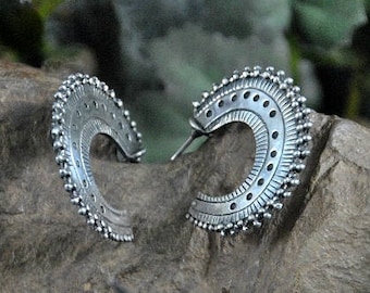 Handmade Sterling Silver Bali Hoop Earrings, Ornate Thailand Motif