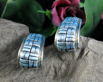 Airess Electroform Earrings // Two-Tone Sterling J Hoops ~ Herringbone Basket Weave Motif // Vintage ~ Pierced Posts