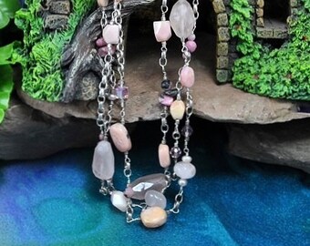 Handmade Rose Quartz Multistrand Necklace, Sterling Silver Chain