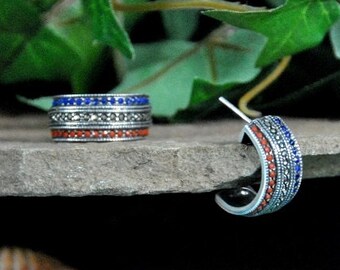 Vintage Sterling Silver Gemstone Half Hoop Earrings, Coral Lapis Marcasite